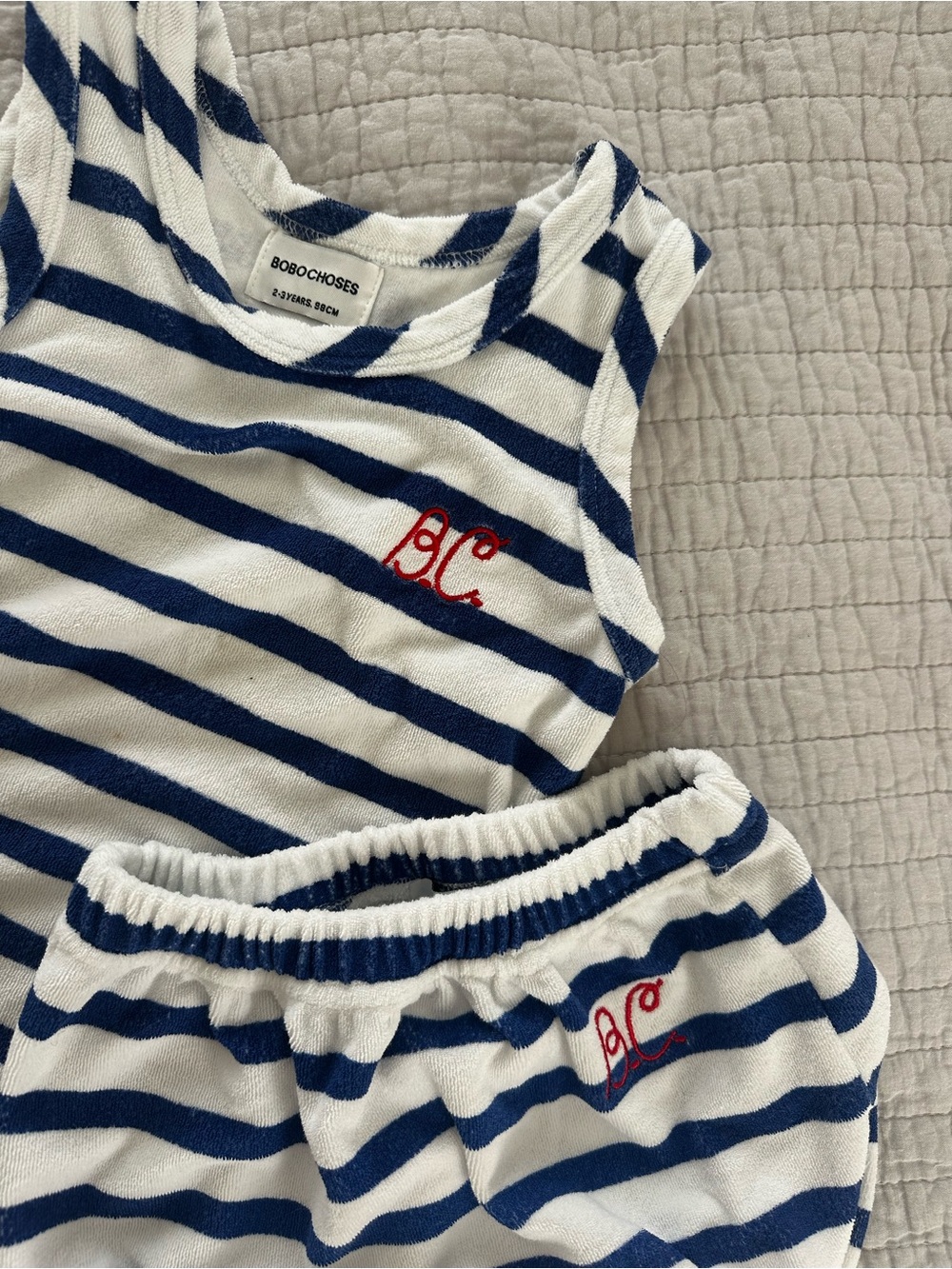Bobo Choses Navy & White Striped Tank and Shorts Set with Red Embroidery